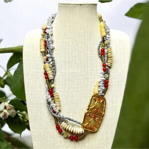 Statement Necklace with Natural Stones and Bone detail Multi Strand 28 Inch